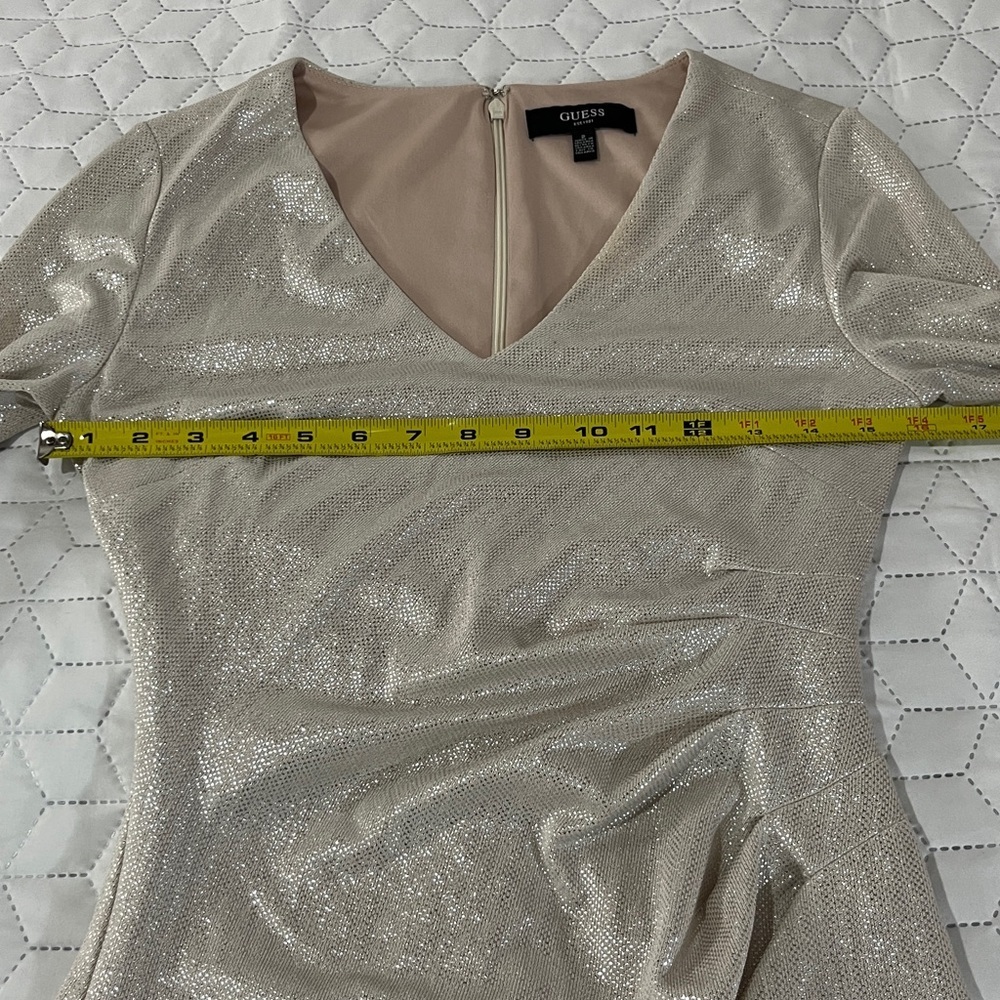 Guess Tan Beige Silver Metallic Shimmer Long Sleeve Side Ruching Party Dress - Picture 9 of 12